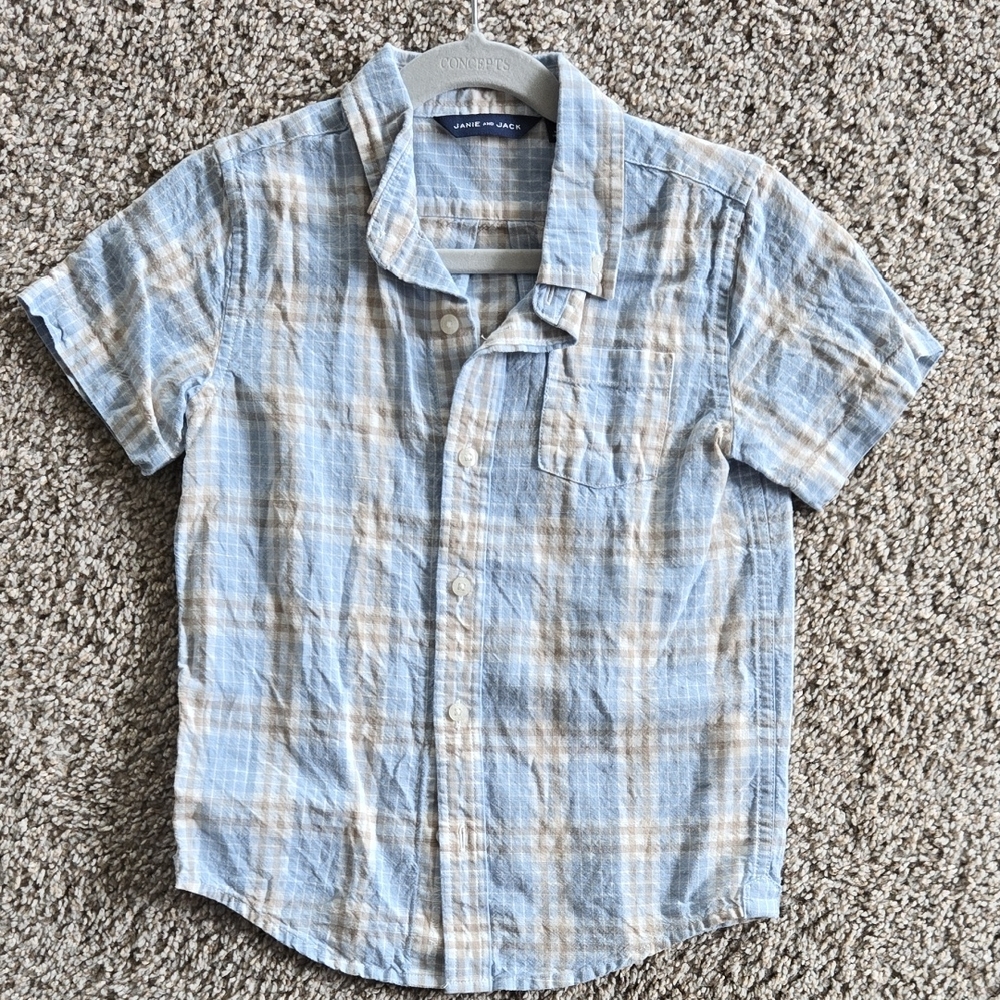 Janie and Jack Blue and Beige Plaid Button Down Shirt